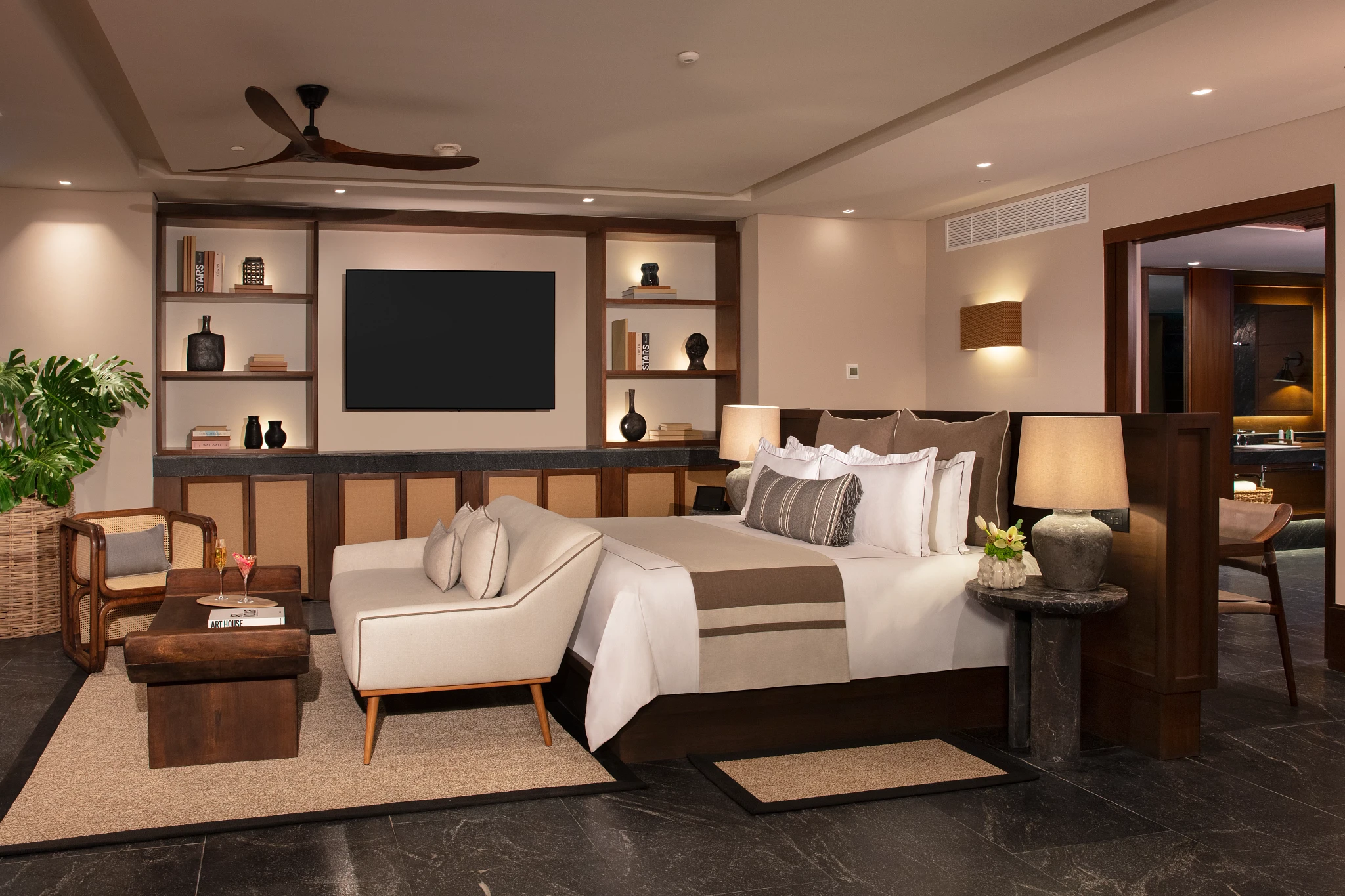 Stellar Presidential Penthouse king bedroom with sofa and ocean views — Secrets Moxché