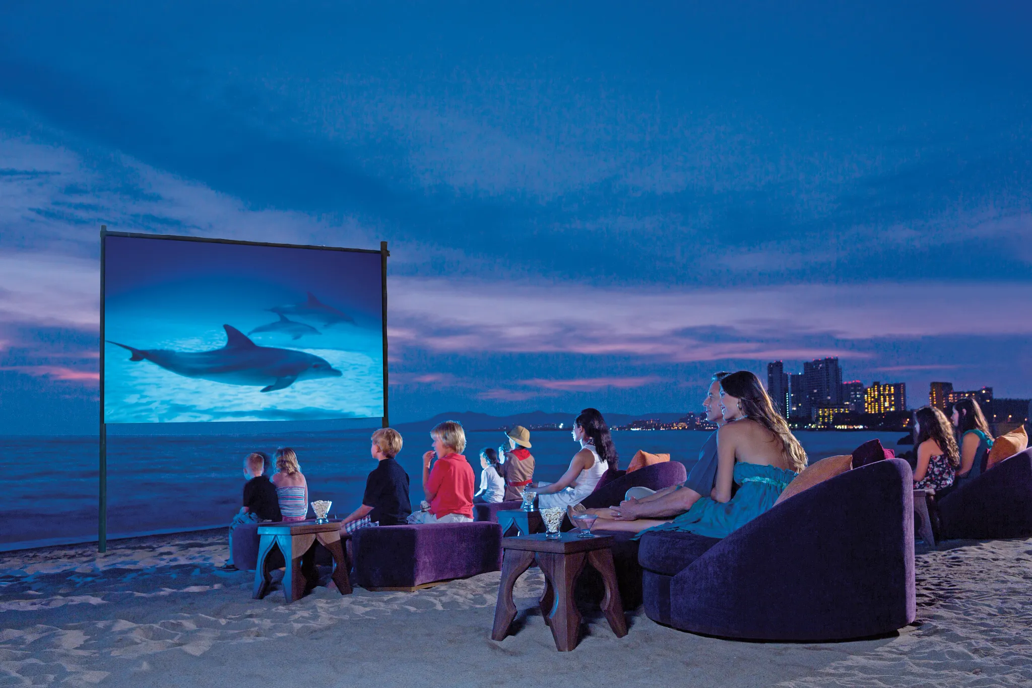 movie night on a beach with seating