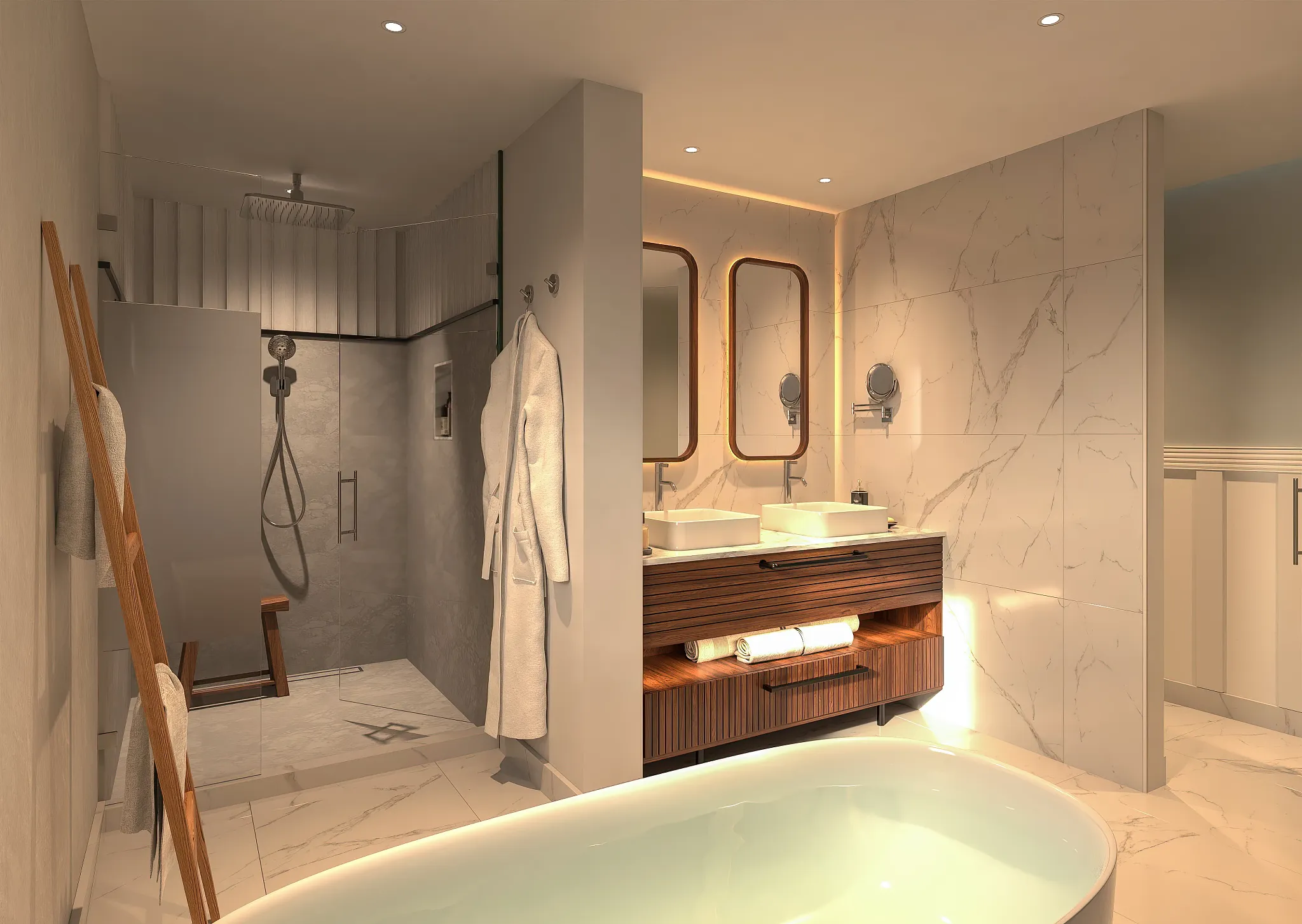 Bathroom in luxury suite with soaking tub and rain shower
