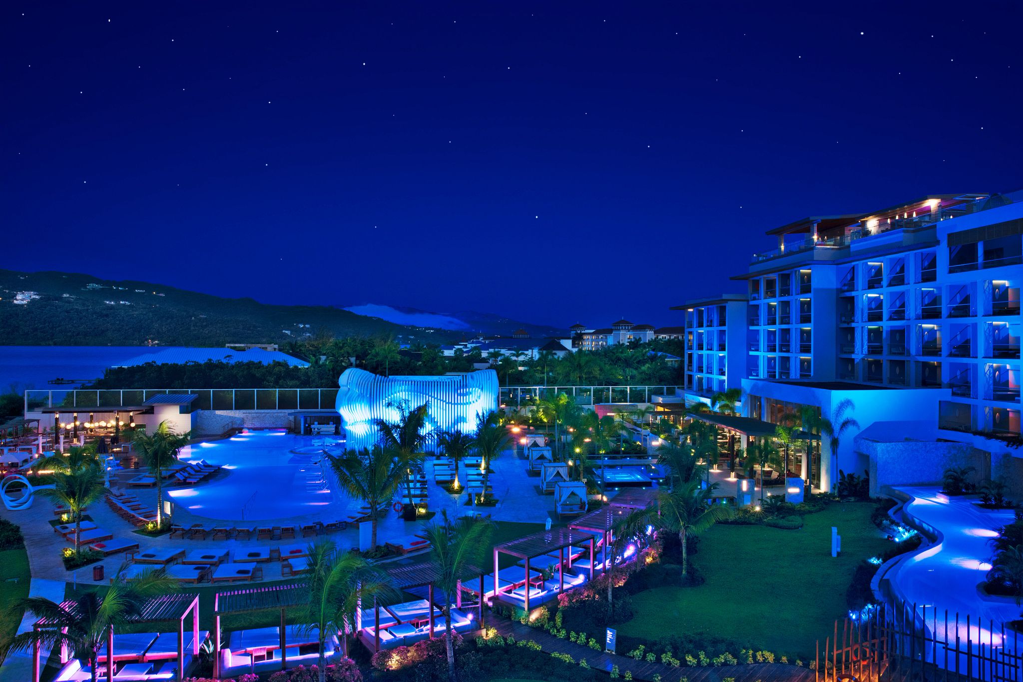 Resort at night with glowing lights