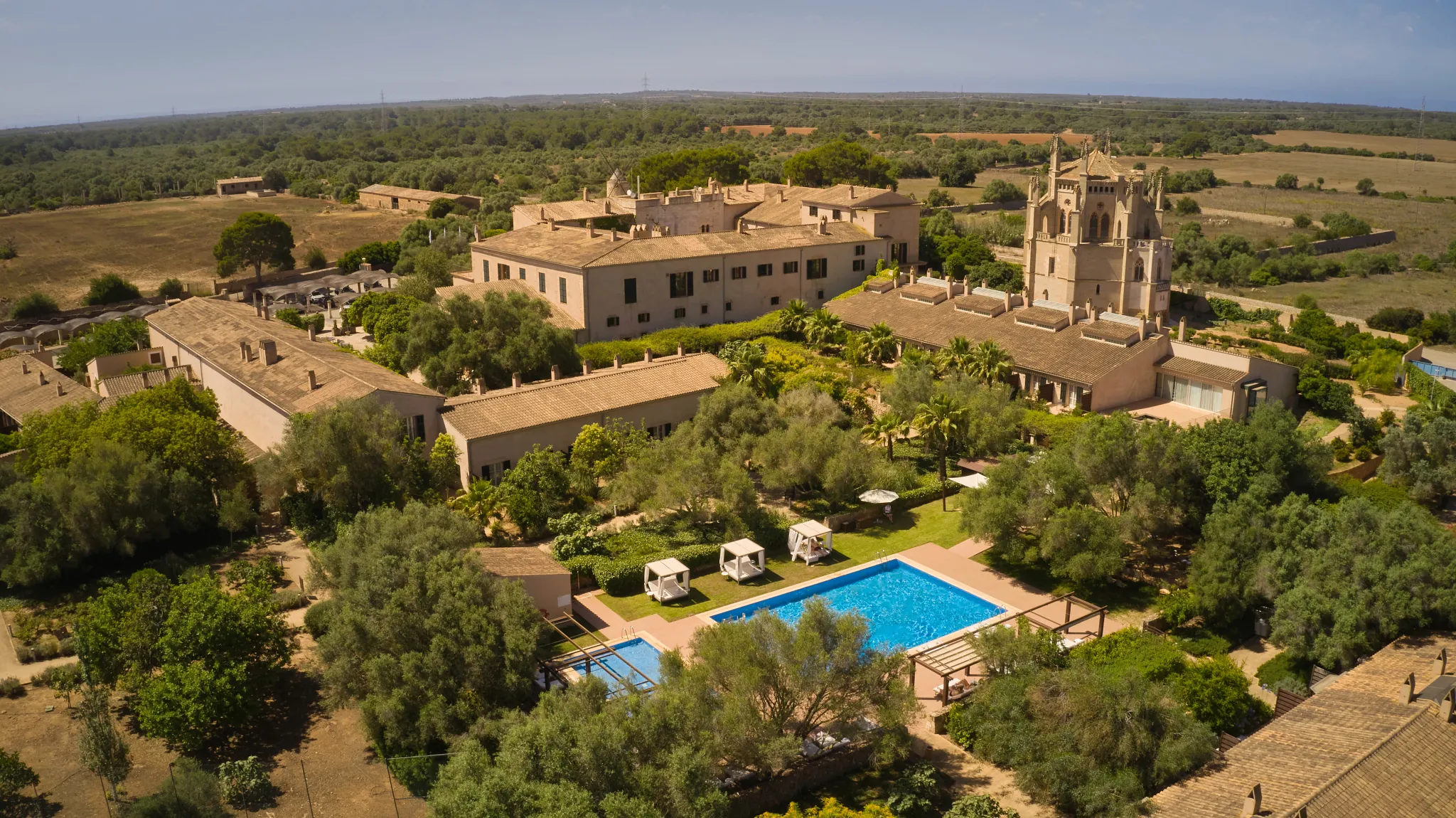 Aerial view of castle like resort and countryside